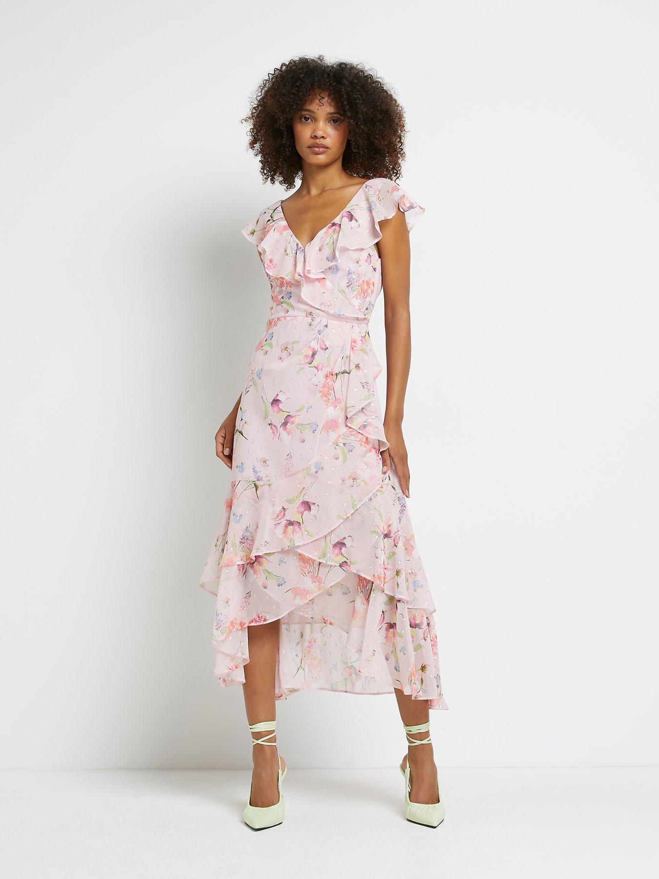 Floral frill midi outlet dress