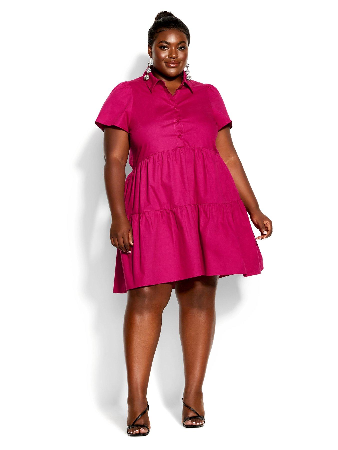 City Chic Tier Shirt Dress - Pop Pink