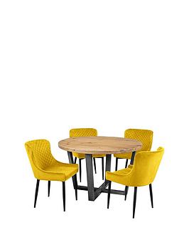 Julian Bowen Brooklyn 120 Cm Round Dining Table + 4 Luxe Chairs - Oak/Mustard