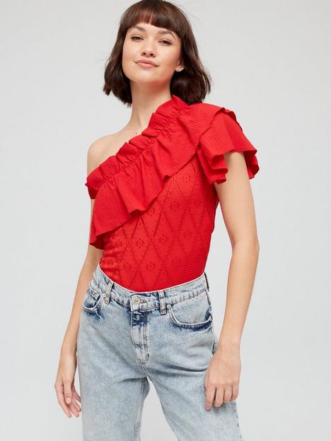 v-by-very-woven-mix-pointelle-one-shoulder-top-red