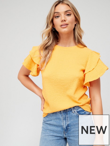 v-by-very-frill-sleeve-textured-crinkle-top-orangenbsp