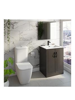 Product photograph of Mode Bathrooms By Victoria Plum Meier Grey Vanity Unit With Black Handles Mirror And Round Close Coupled Toilet Set 600mm from very.co.uk