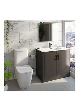 Product photograph of Mode Bathrooms By Victoria Plum Meier Grey Vanity Unit With Black Handles Mirror And Round Close Coupled Toilet Set 900mm from very.co.uk