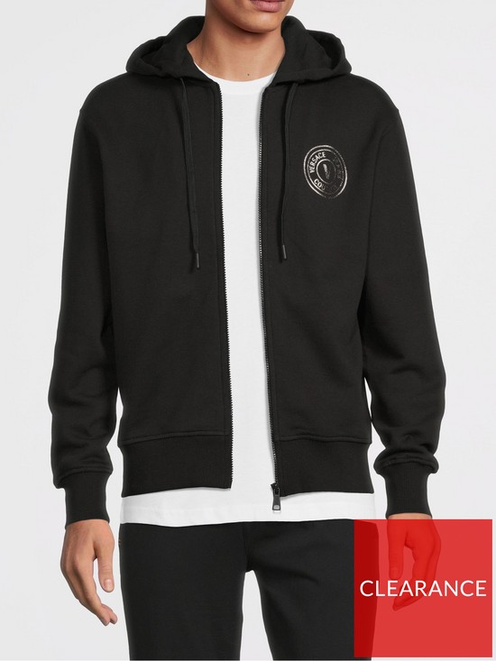 front image of versace-jeans-couture-small-circle-logo-zip-through-hoodie-blacknbsp