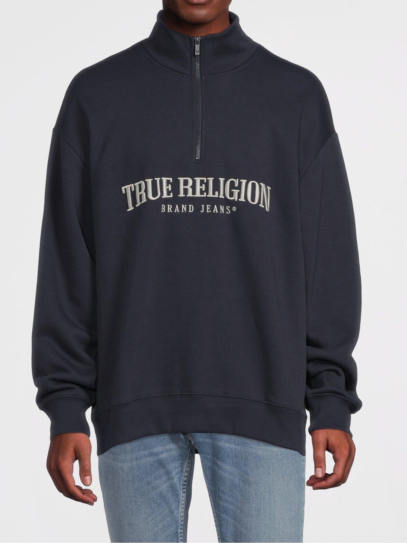 TRUE RELIGION Embroidered Arch Logo Quarter Zip Sweat Top - Navy