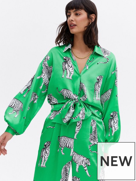 new-look-green-tiger-print-satin-tie-front-shirt
