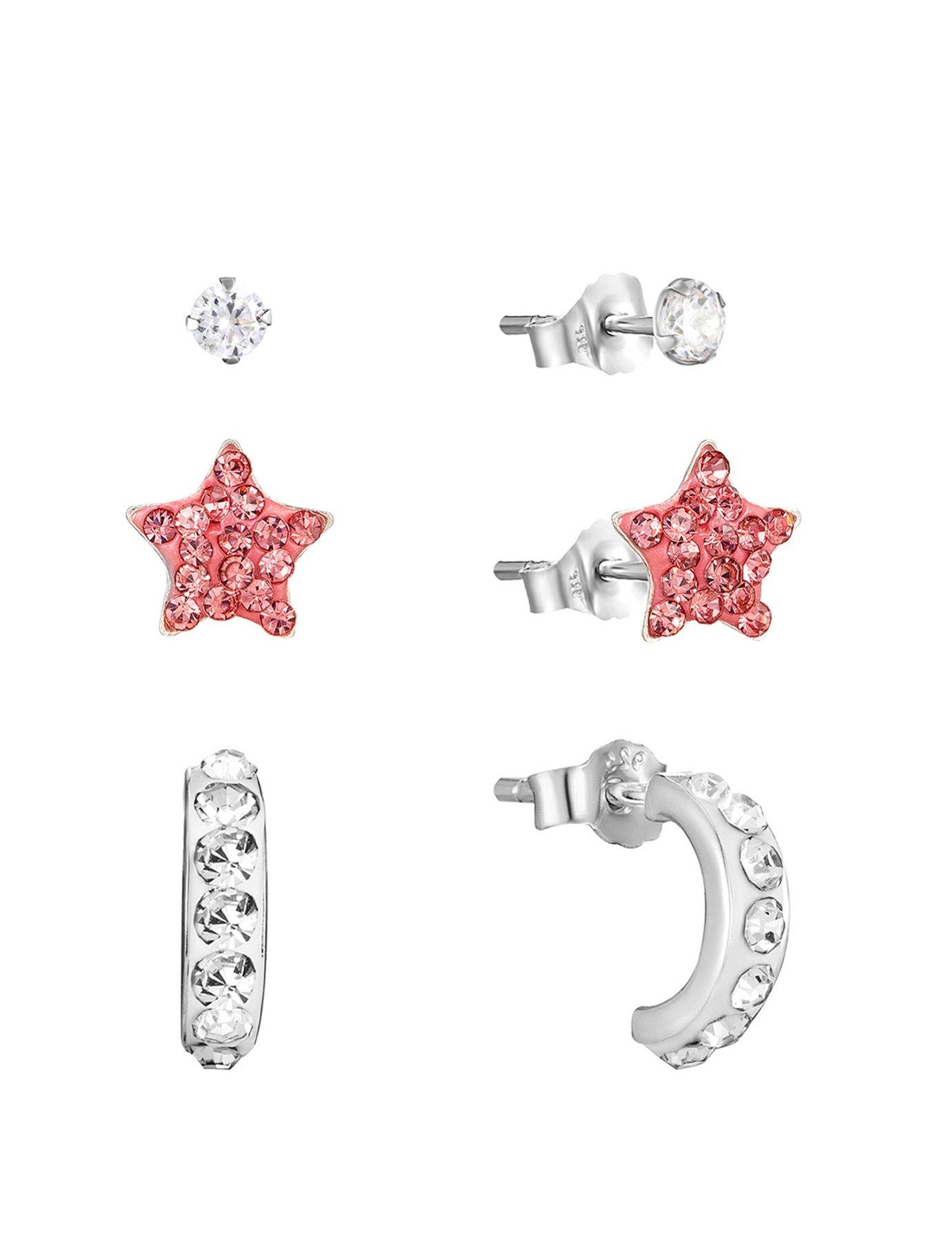 undefined Sterling Silver Crystal 3 pack - 3mm studs, Half Hoops  &  6mm Pink Star Studs