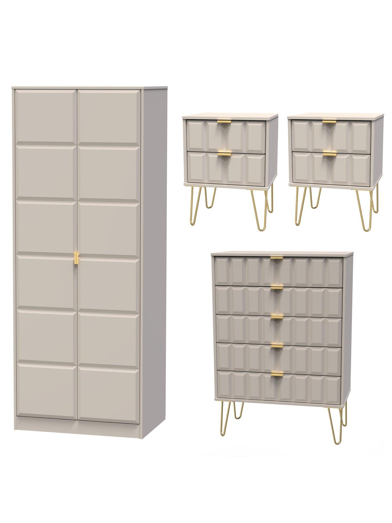 undefined Cube 4 Piece Ready Assembled Package - 2 Door Wardrobe, 5 Drawer Chest and 2 Bedside Chests - FSC® Certified