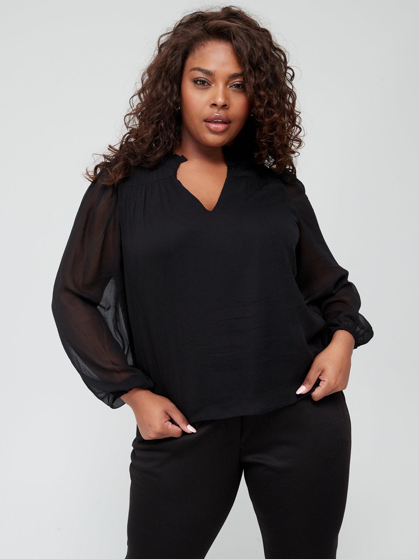 Curve Sheer Sleeve Blouse - Black