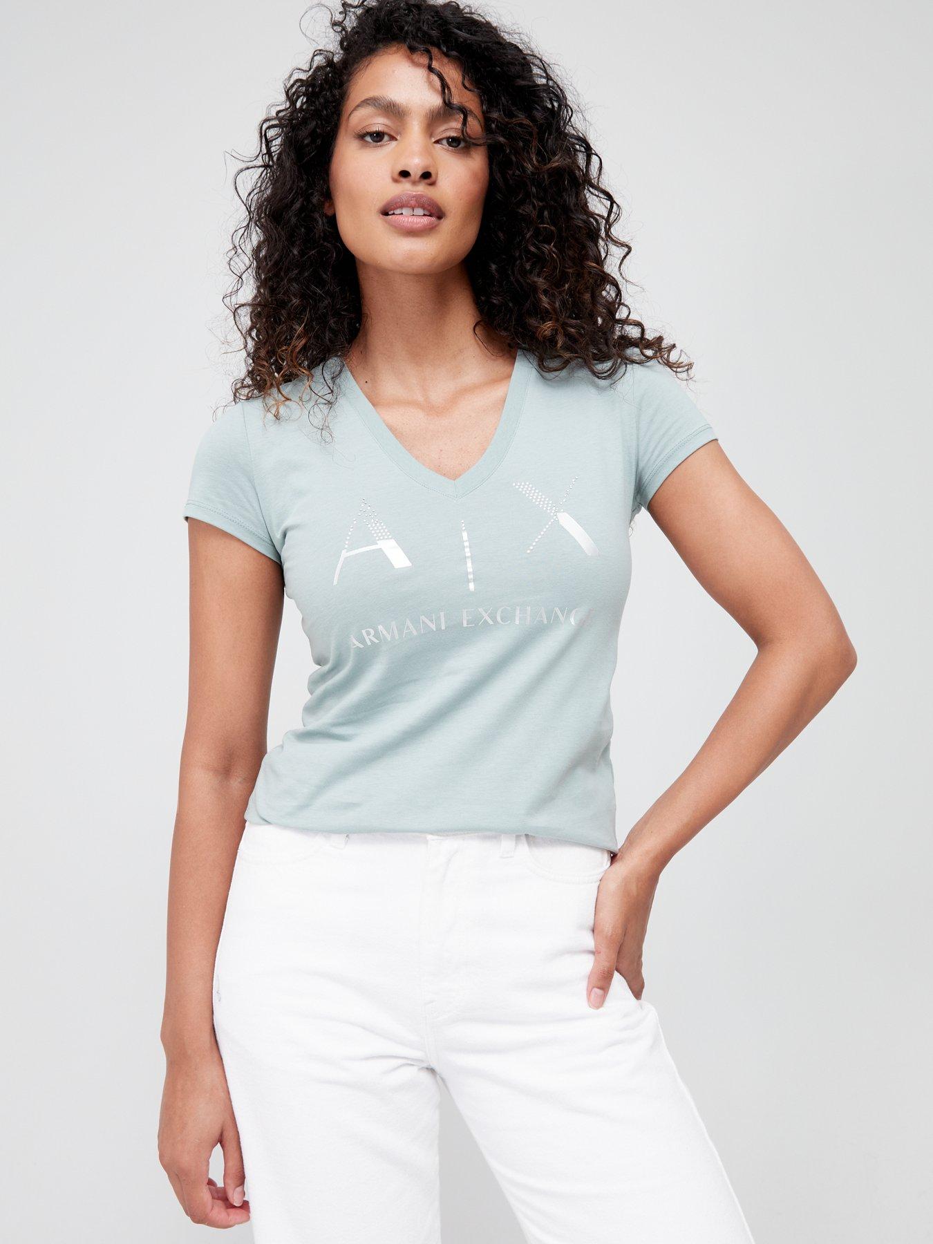 Armani Exchange Organic Cotton Metallic Logo V-neck T-Shirt - Green |  