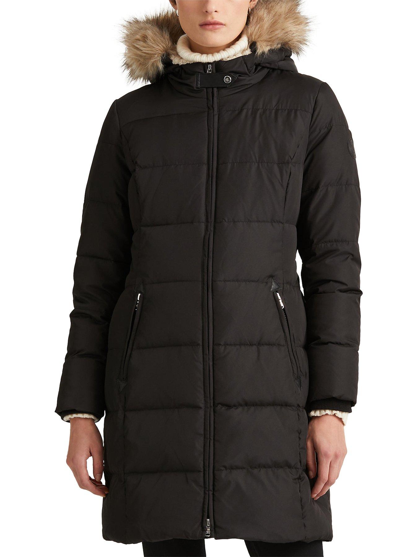 Lauren by Ralph Lauren Long Line Padded Coat With Faux Fur Hood