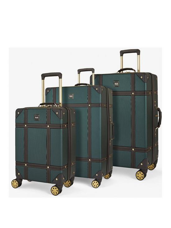 front image of rock-luggage-vintage-3-piece-set-hardshell-retro-style-8-wheel-spinner-emerald-green