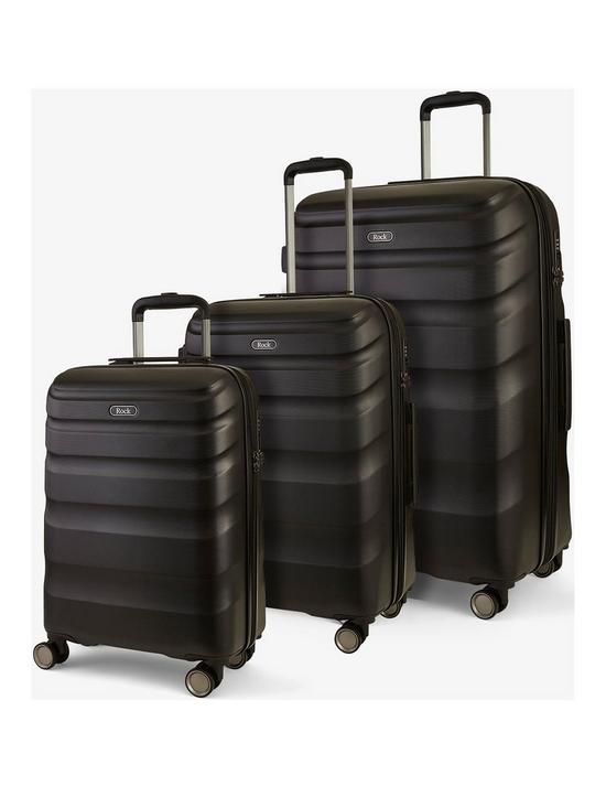 front image of rock-luggage-bali-3-piece-set-hardshell-8-wheel-spinner-black