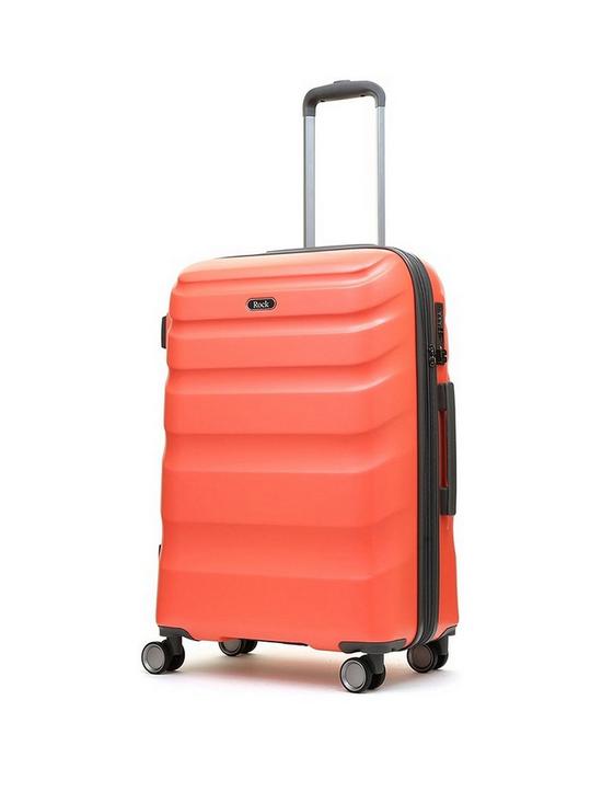 front image of rock-luggage-bali-8-wheel-hardshell-medium-suitcase-coral