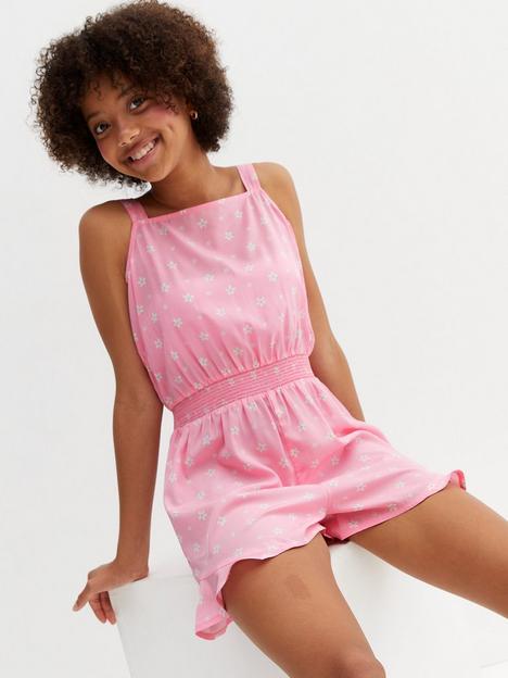 new-look-915-girls-pink-floral-crepe-shirred-waist-playsuit