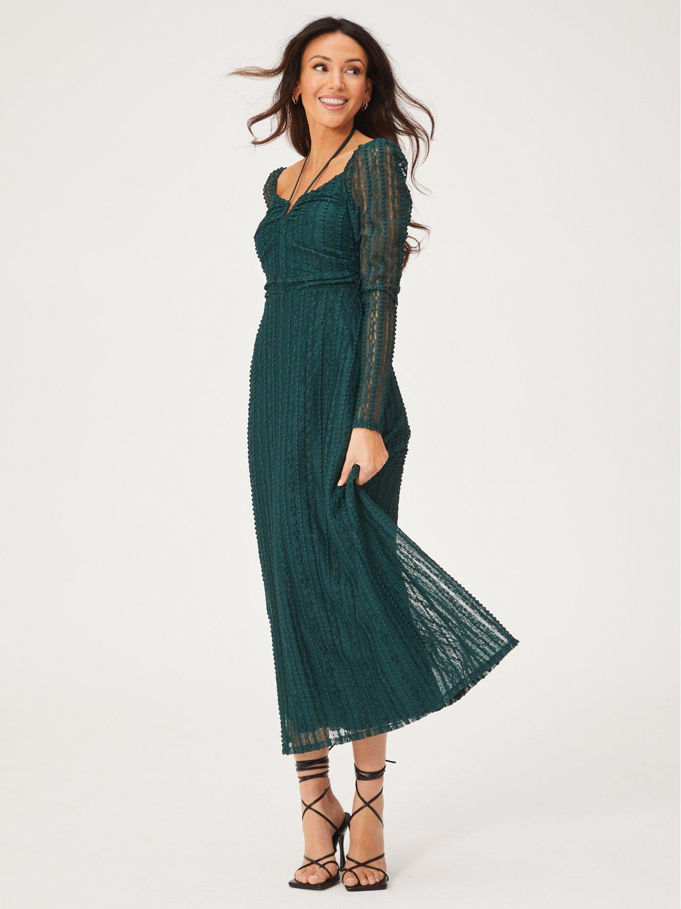 Michelle Keegan Lace Ruched V Bar Midi Dress - Green | very.co.uk