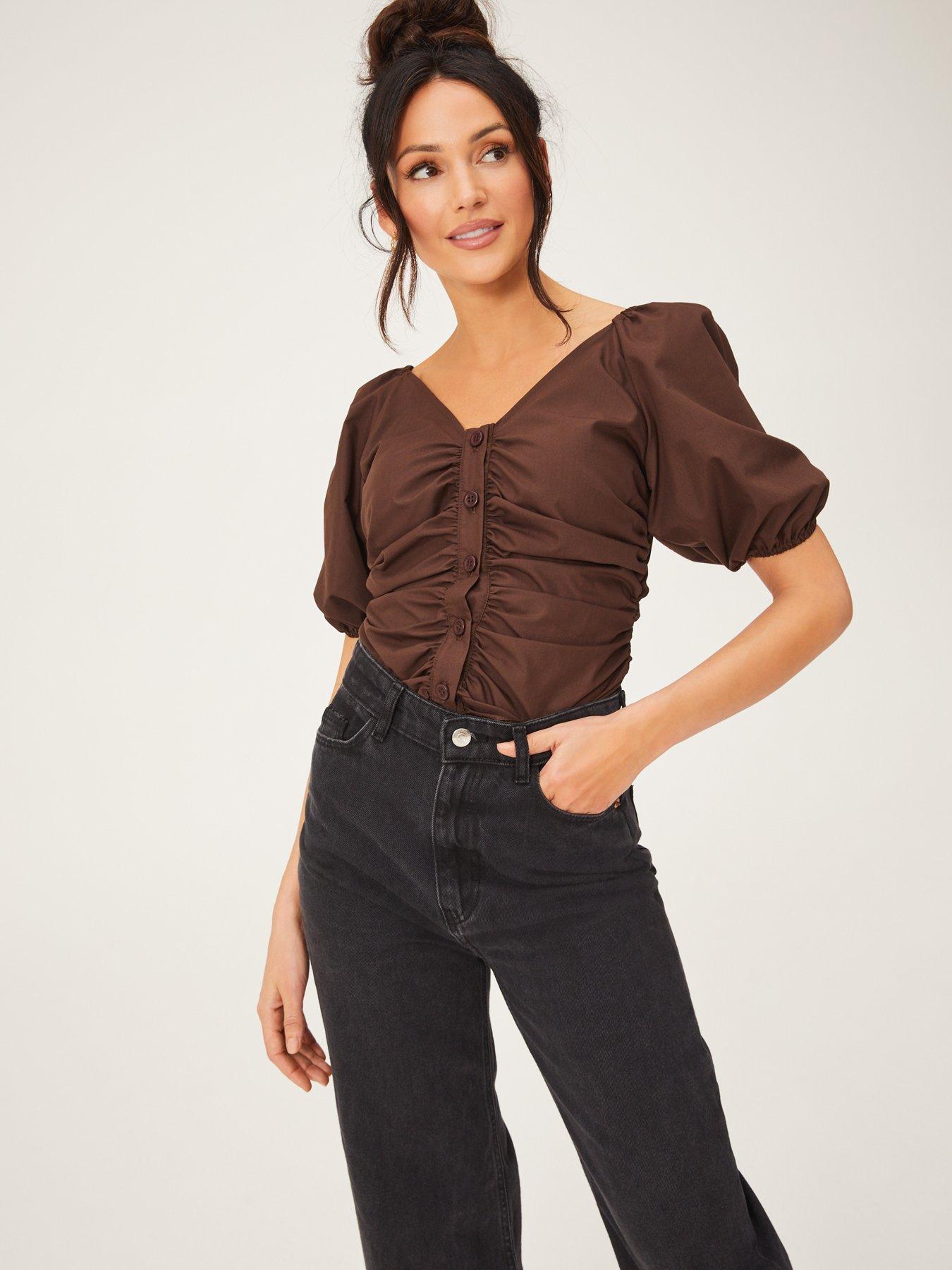 Michelle Keegan Ruched Detail Top - Chocolate