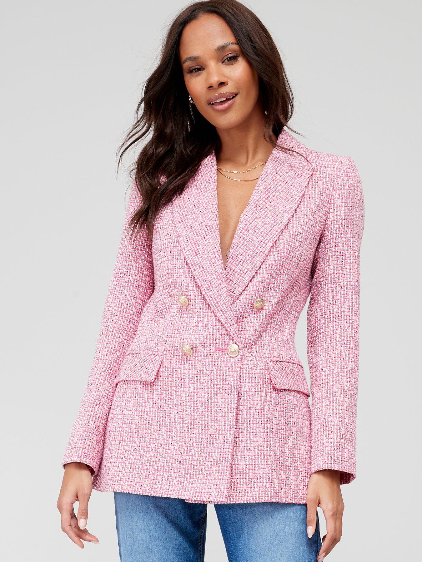 V by Very Boucle Military Double Breasted Blazer - Pink | very.co.uk
