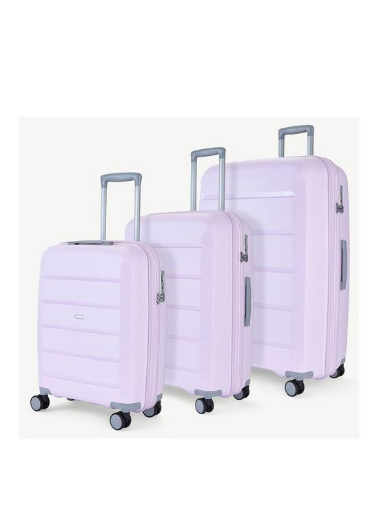 front image of rock-luggage-tulum-3-piece-set-hardshell-8-wheel-spinner-lilac