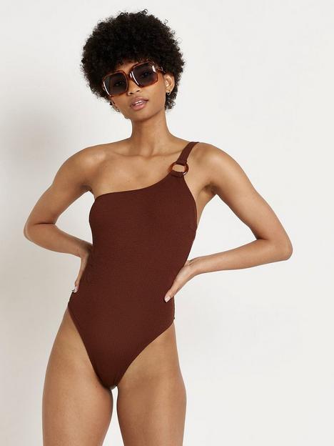 river-island-one-shoulder-textured-swimsuit-brown