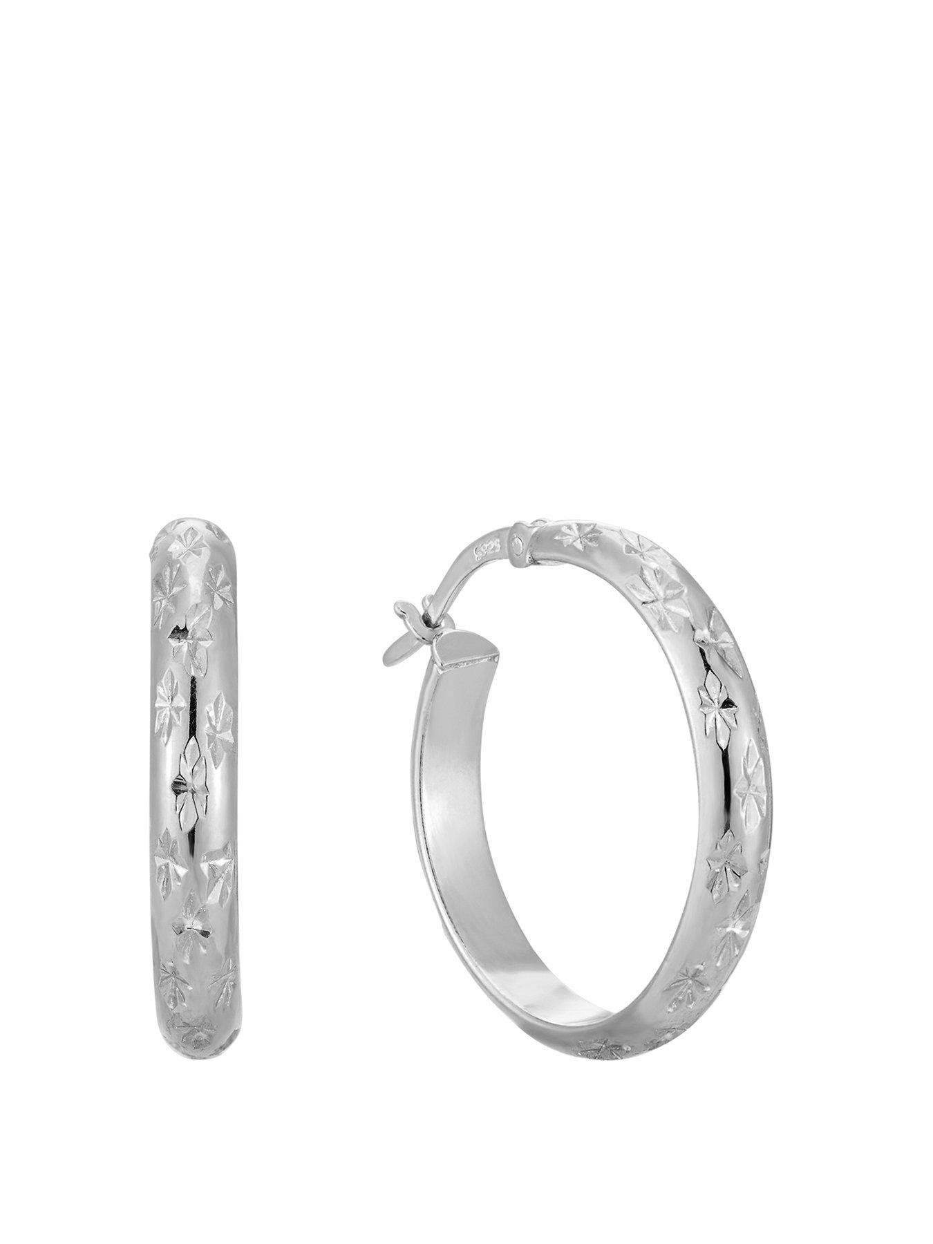 undefined Sterling Silver Diamond Cut Star Patterned Creole Hoop Earrings