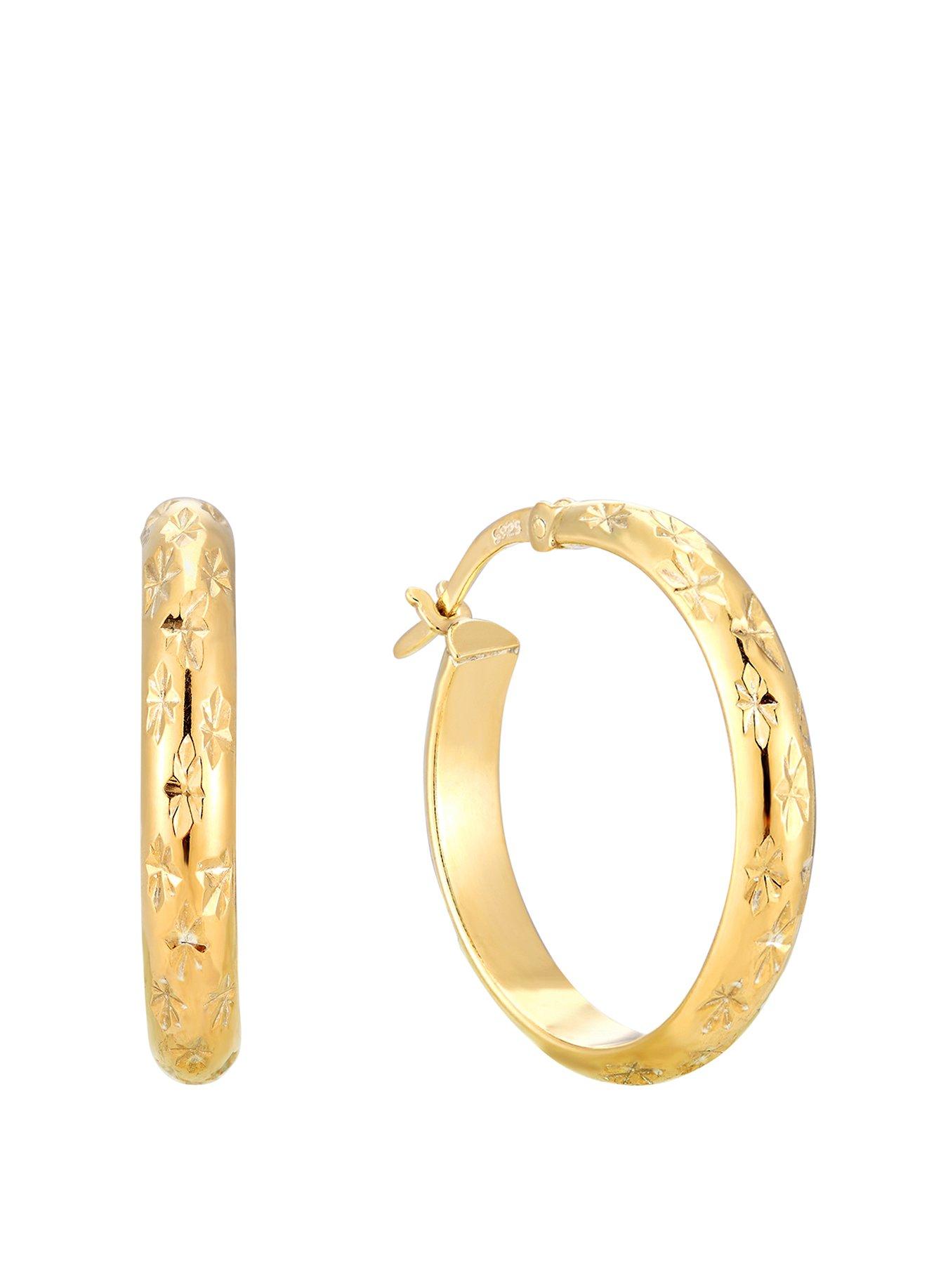 undefined 18ct Gold Plated Sterling Silver Diamond Cut Star Patterned Creole Hoop Earrings