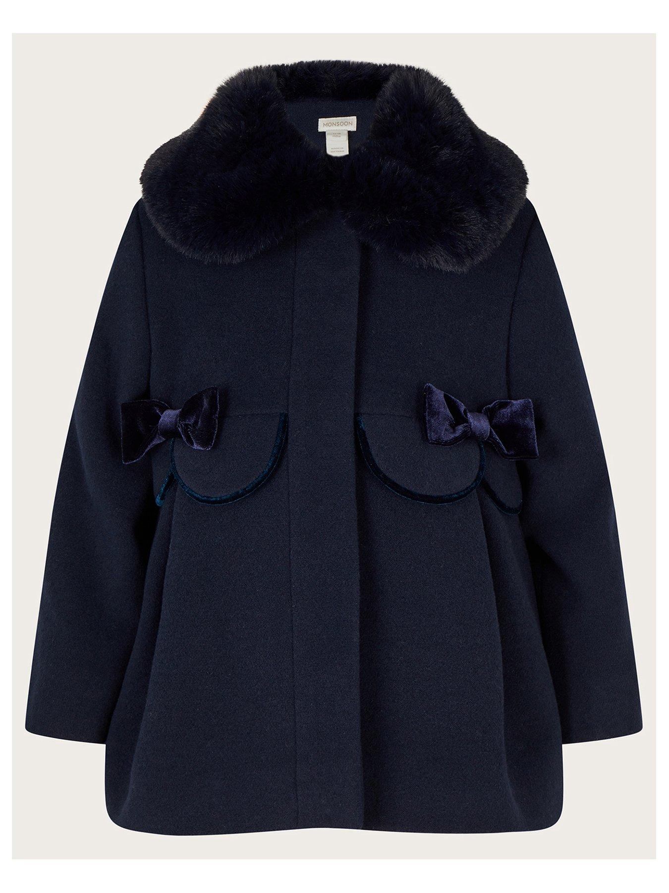 Monsoon Baby Girls Scallop Velvet Trim Wool Coat Navy very.co.uk