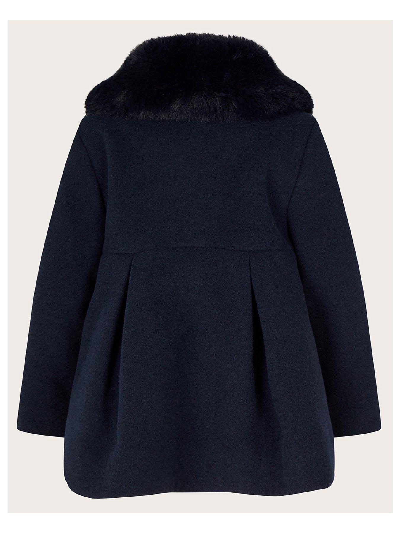 Monsoon Baby Girls Scallop Velvet Trim Wool Coat Navy very.co.uk