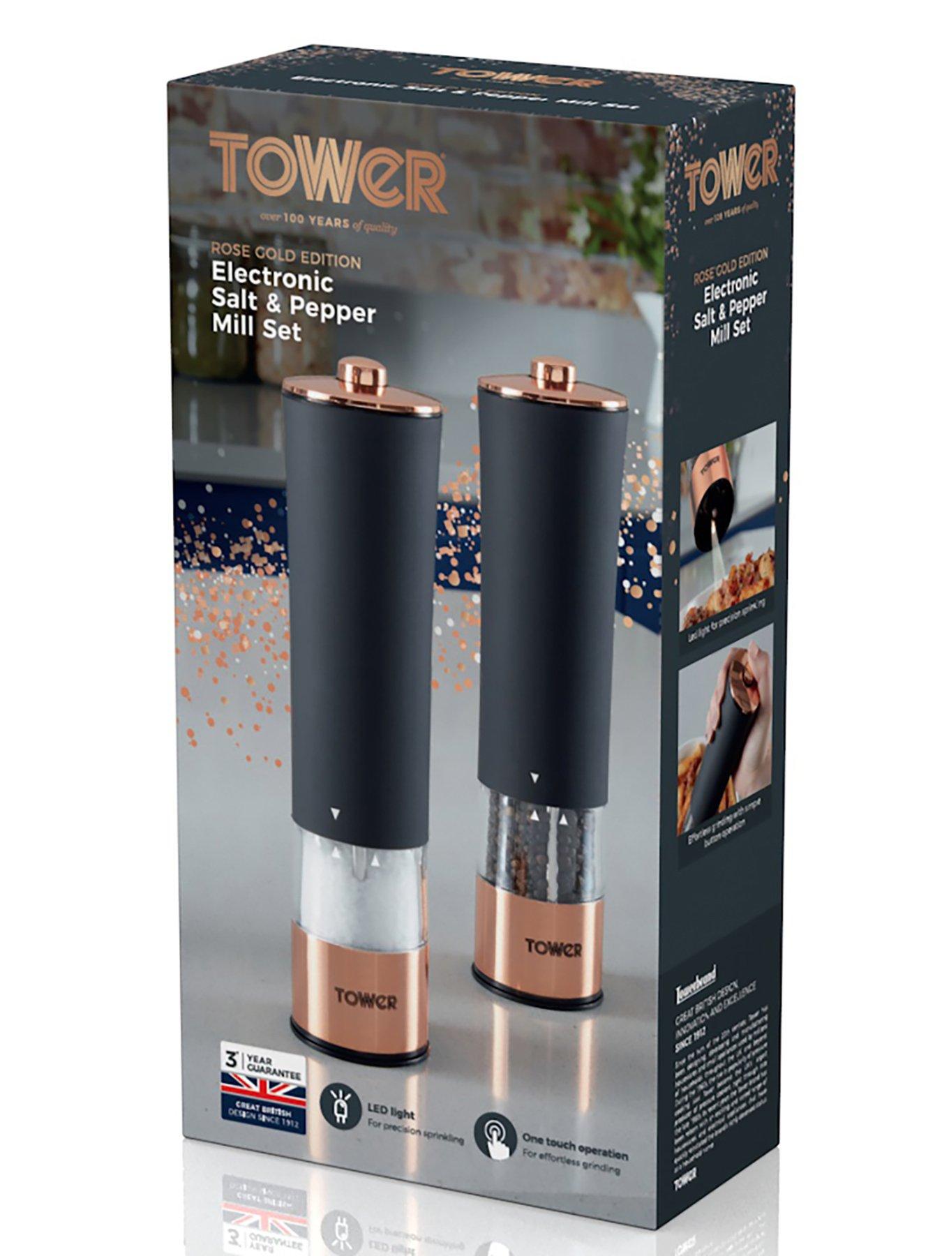 Tower Electric Salt and Pepper Set, Stainless Steel, Black and Rose Gold