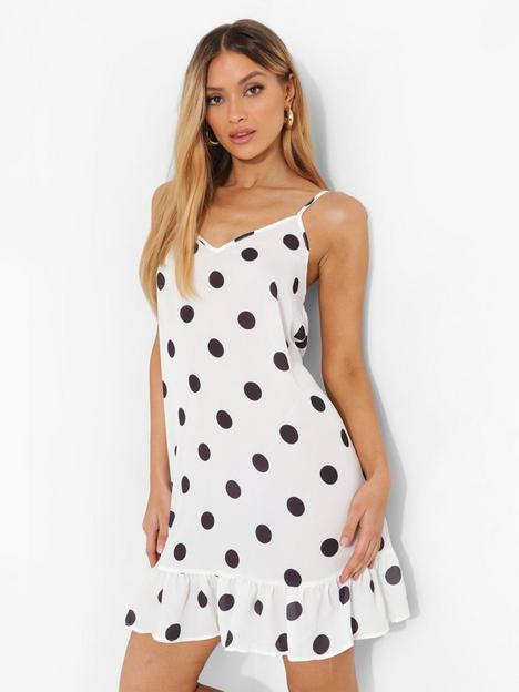 boohoo-polka-dot-drop-hem-mini-dress-white