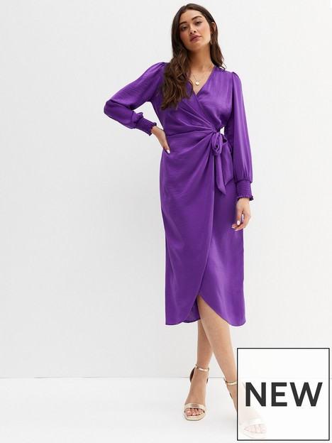 new-look-purple-satin-long-puff-sleeve-midi-wrap-dress