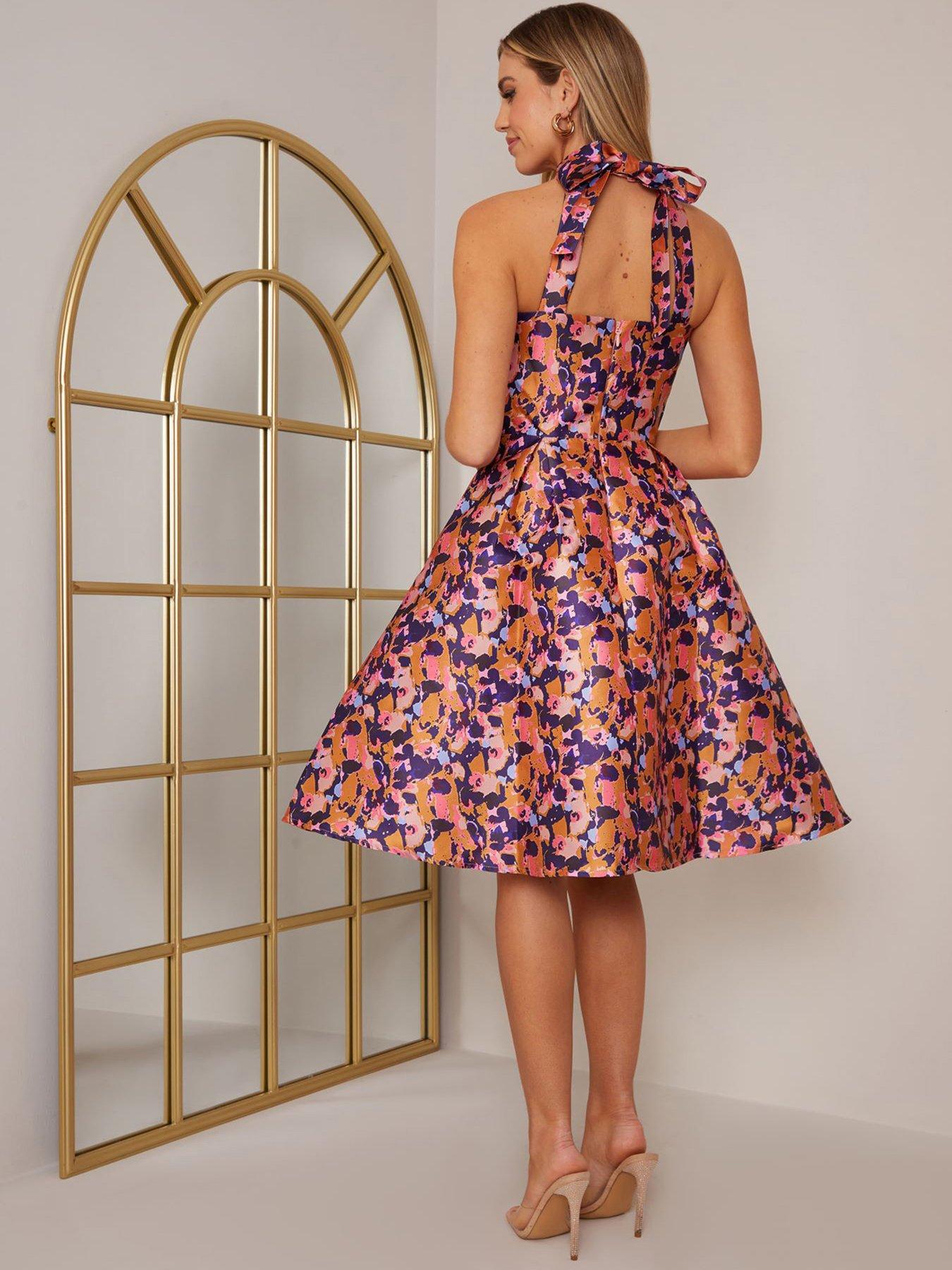 High Neck Ink Spot Print Midi Dress Multi