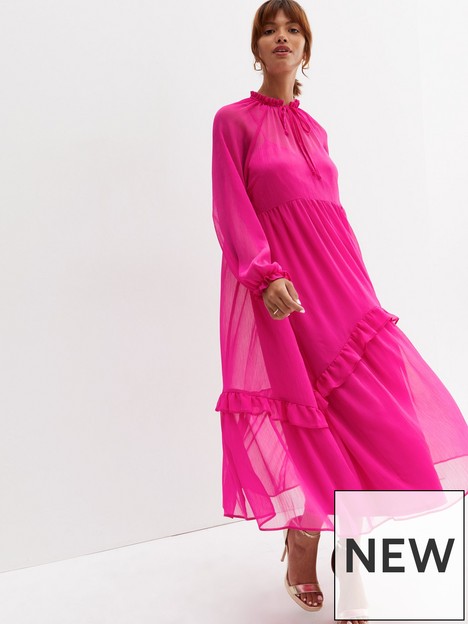new-look-bright-pink-frill-midi-dress