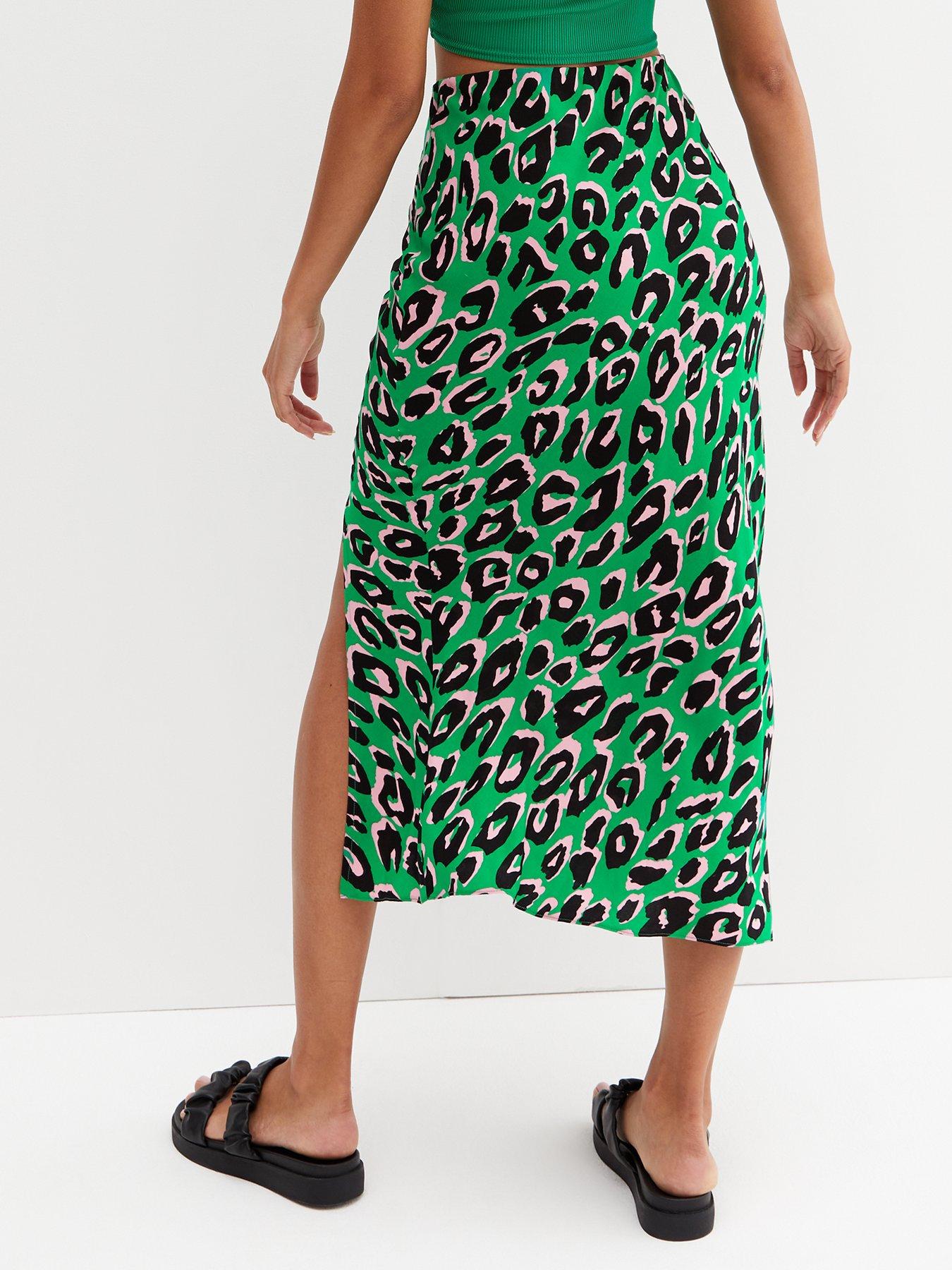 green leopard print midi skirt
