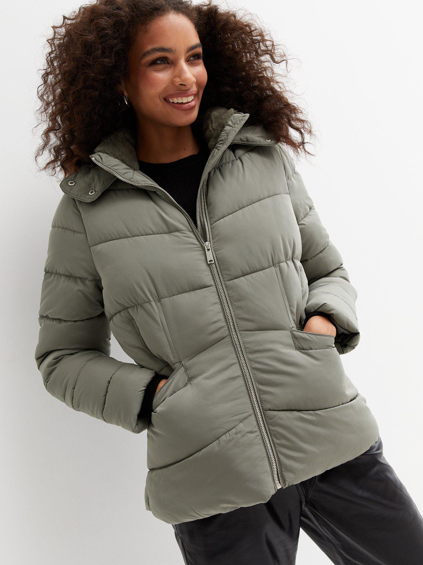 New Look Faux Fur Hood Padded Jacket Olive very