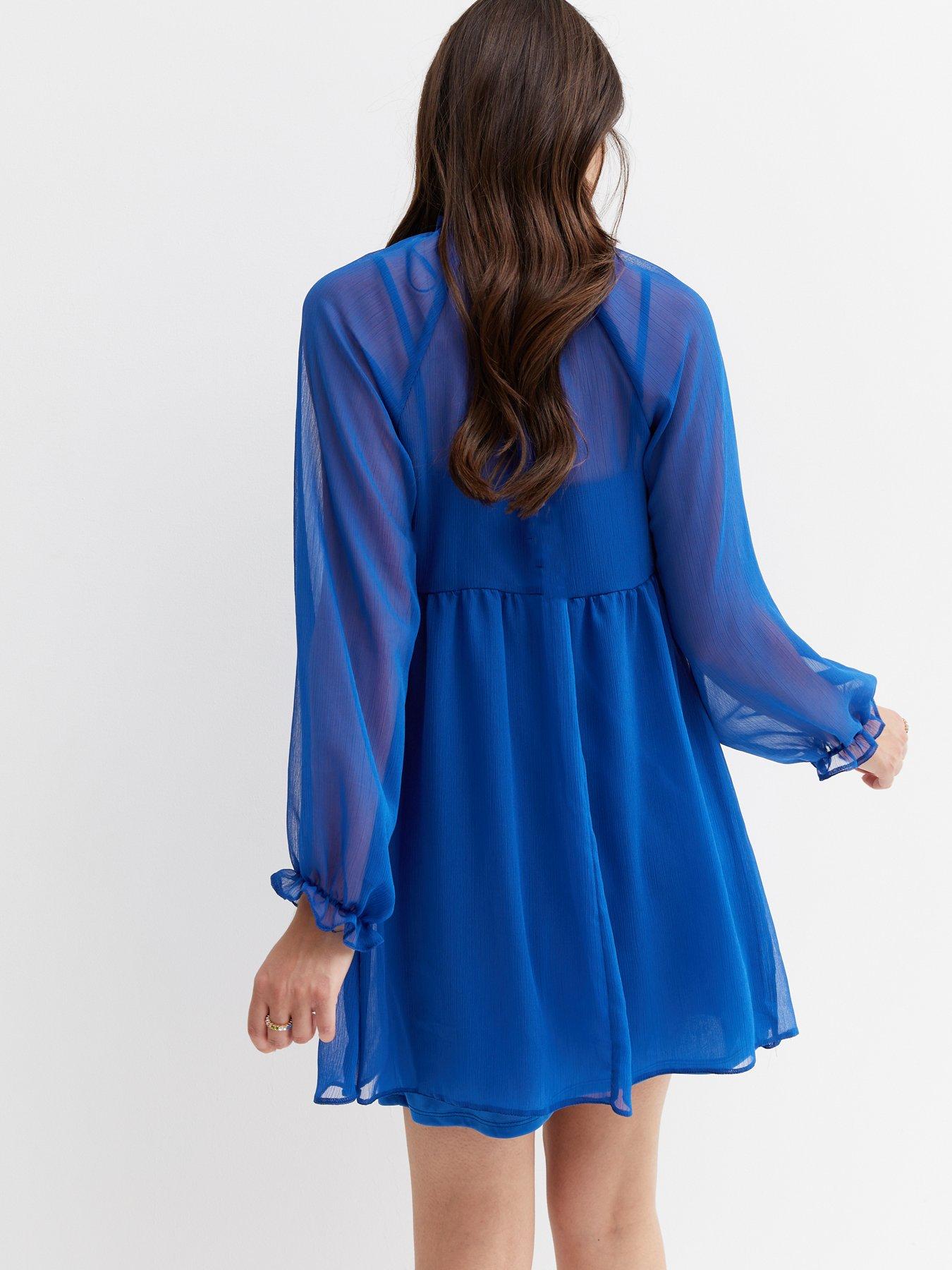 New Look Bright Blue Chiffon Tie Neck Long Sleeve Mini Dress