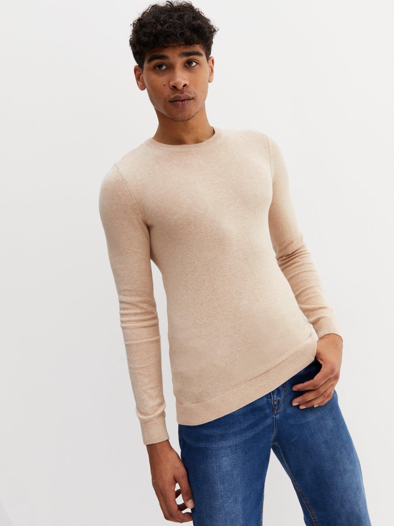 Cream Fine Knit Crew Neck Muscle Fit Jumper