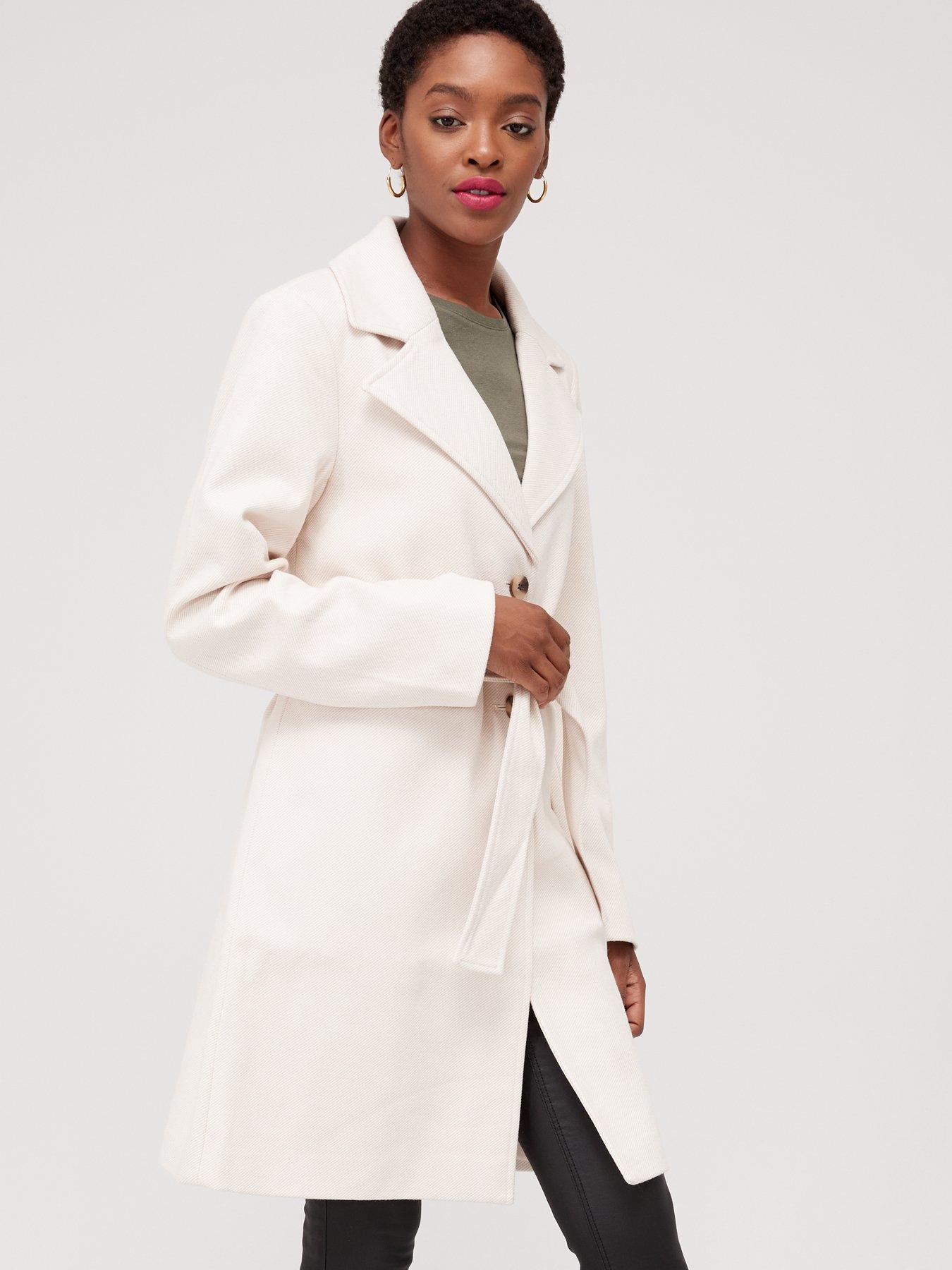 PIECES Haven Long Sleeved Button Tie Belt Coat - Cream | very.co.uk