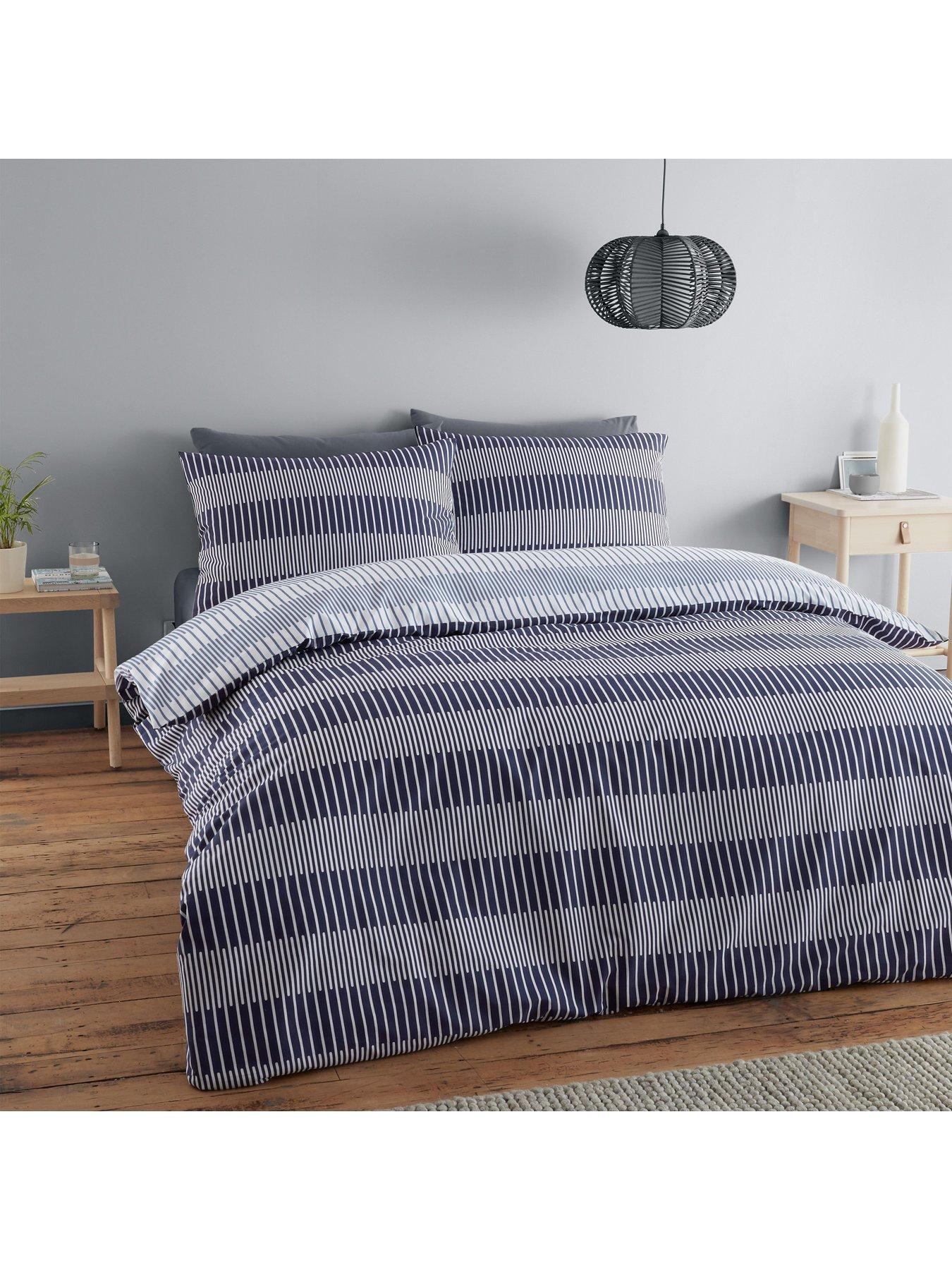 Product photograph of Catherine Lansfield Simplicity Lines Duvet Cover Set - Navy from very.co.uk
