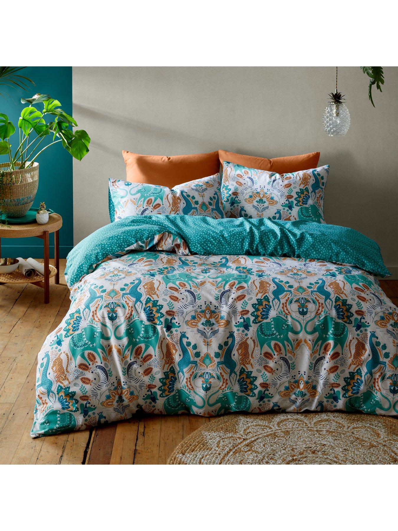 Product photograph of Pineapple Elephant Carnival Animals Cotton Duvet Cover Set In Teal from very.co.uk