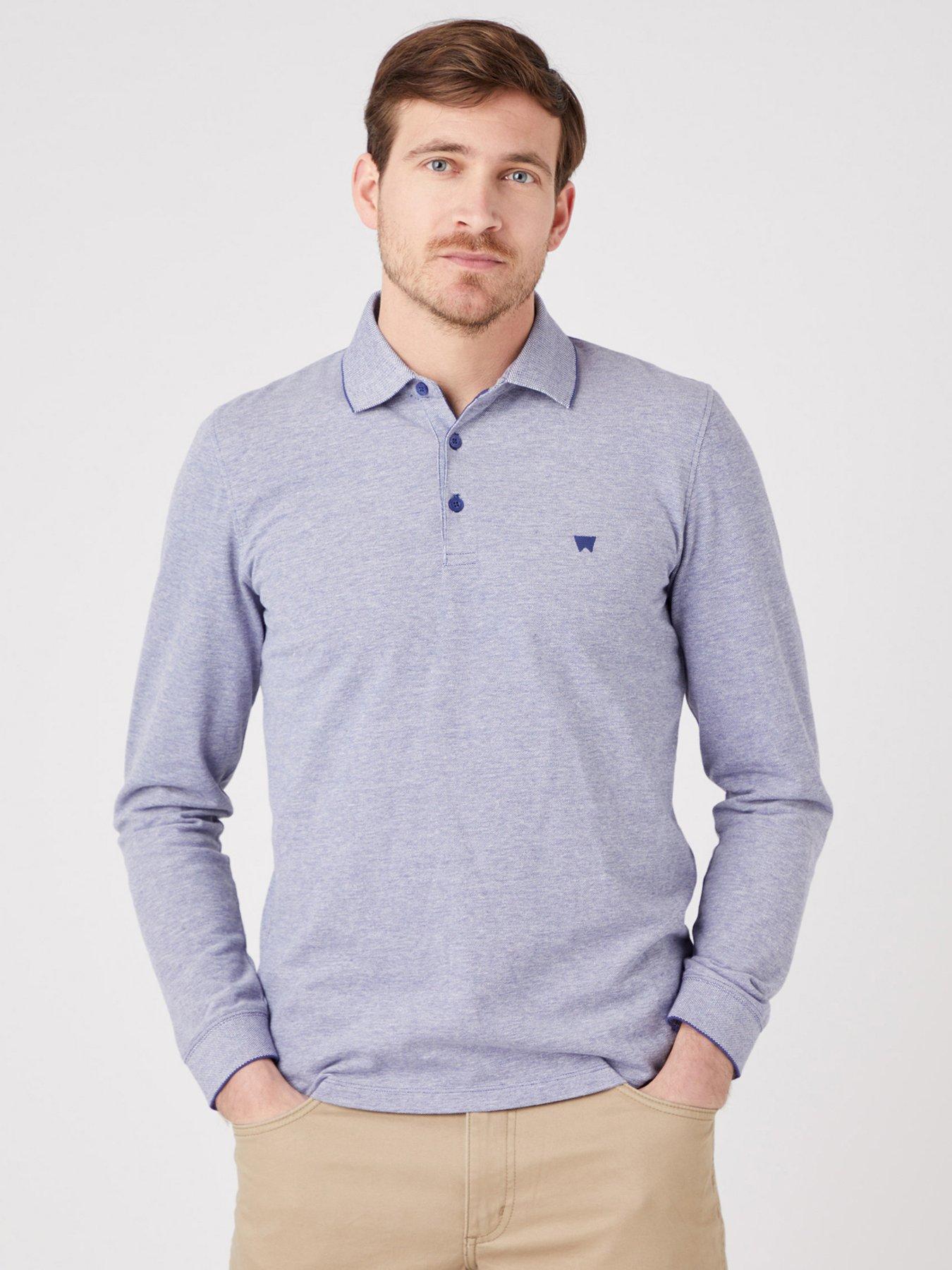 Wrangler Refined Long Sleeve Polo Shirt - Blue | very.co.uk