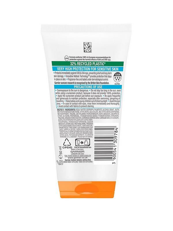 Image 2 of 4 of Garnier Ambre Solaire Mini Sensitive Hypoallergenic Sun Protection Cream SPF50+ 50ml Travel (SAVE 13%)