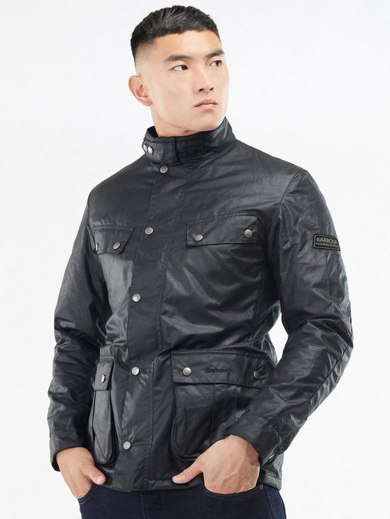 front image of barbour-international-duke-wax-jacket-navy