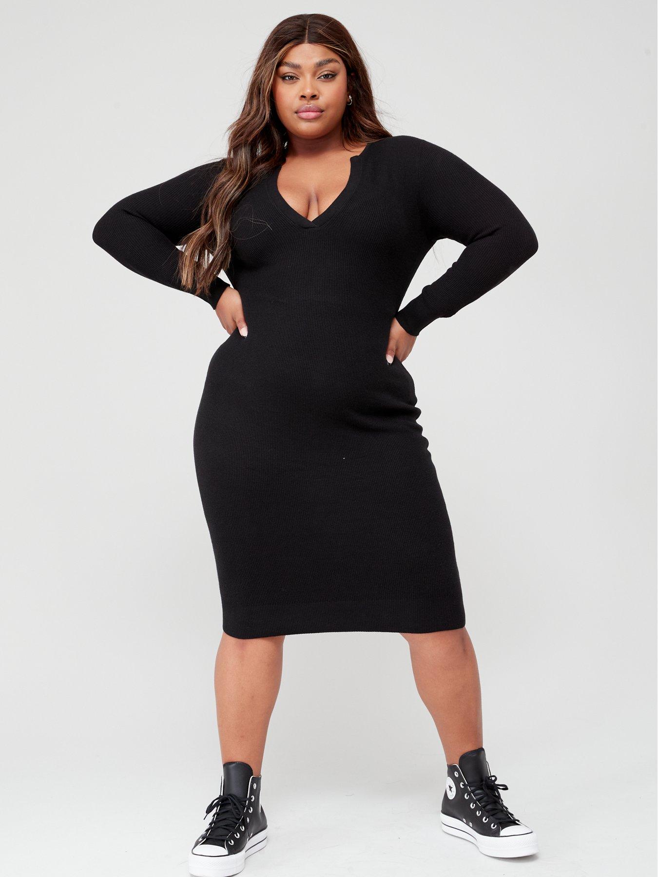 Calvin Klein Plus Size Rib Open Neck Dress - Black 