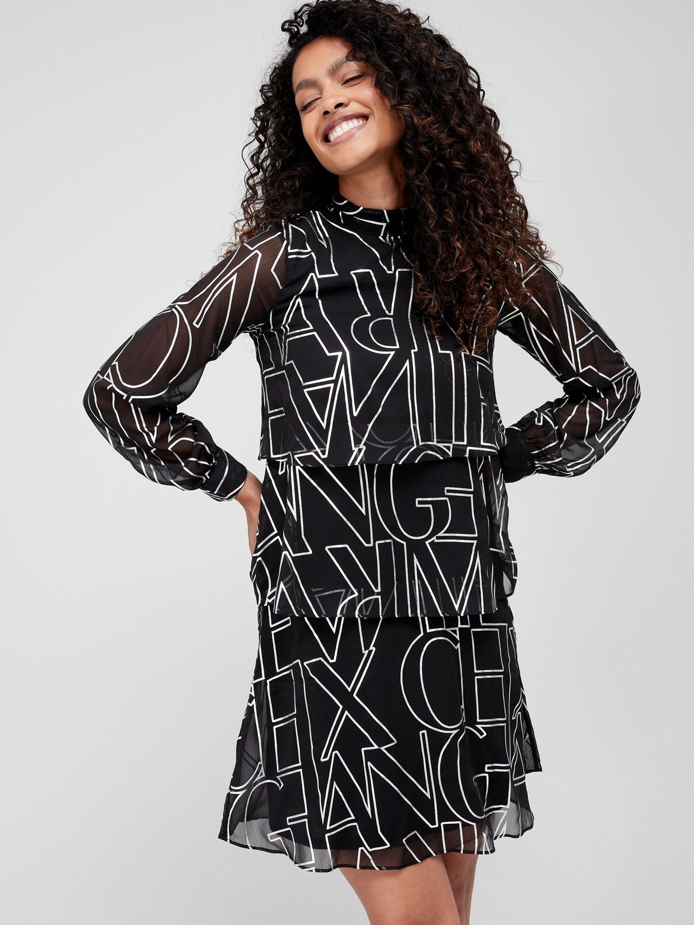 Armani Exchange Logo Print Tiered Dress - Black 