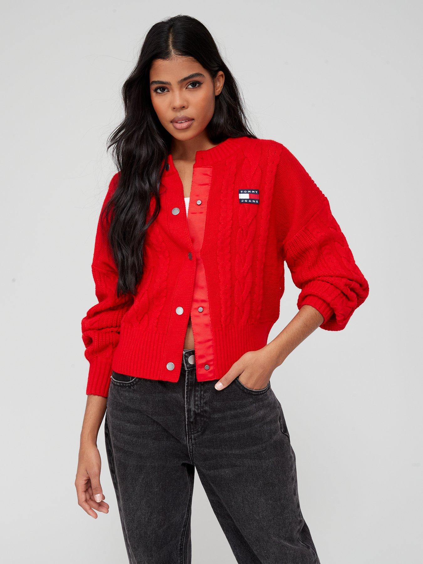 Tommy Jeans Oversized Badge Cable Cardigan - Red | very.co.uk