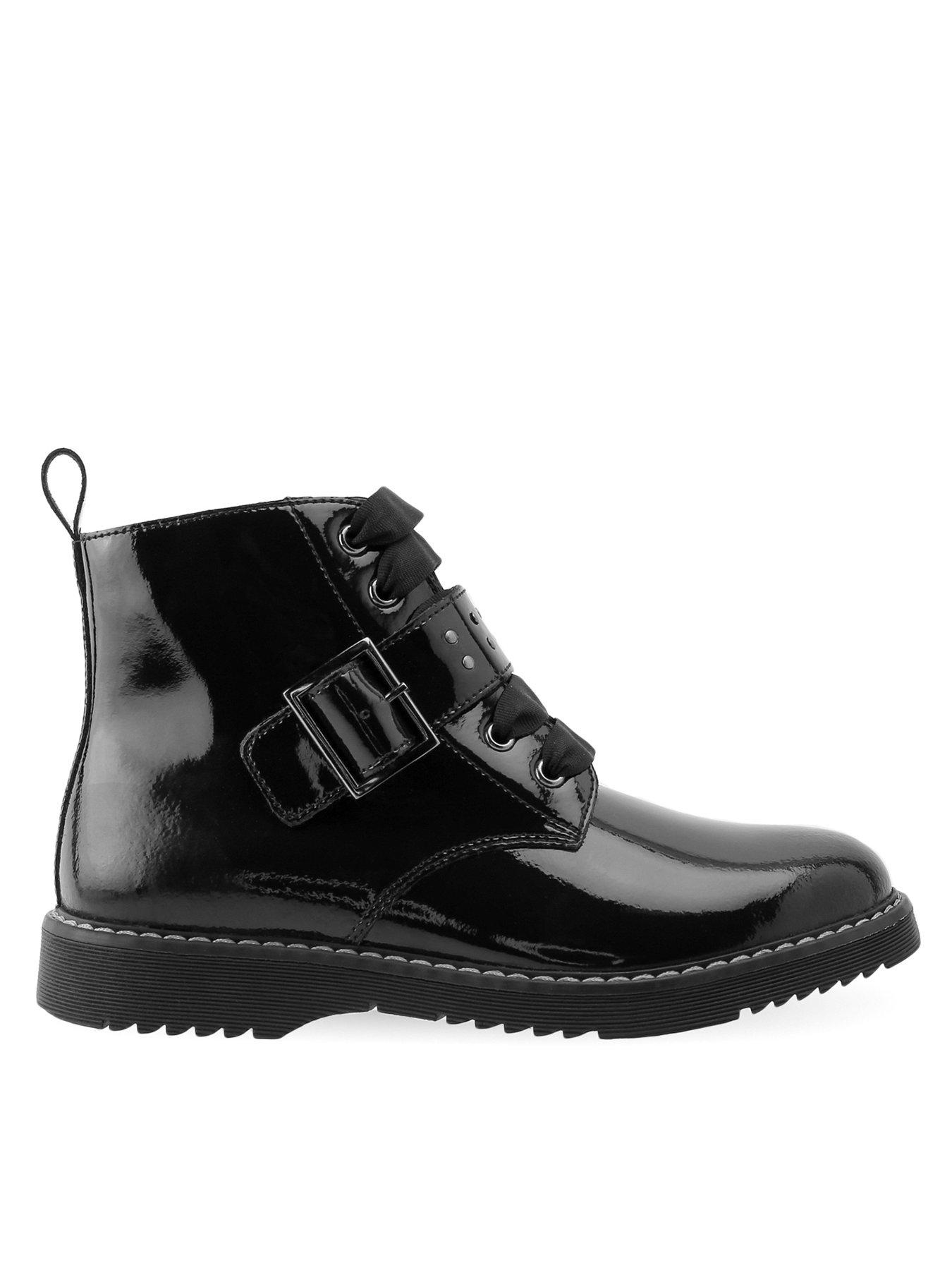Start rite Icon Girls Black Patent Leather Zip And Lace Up School Boots With Chunky Sole Black Very