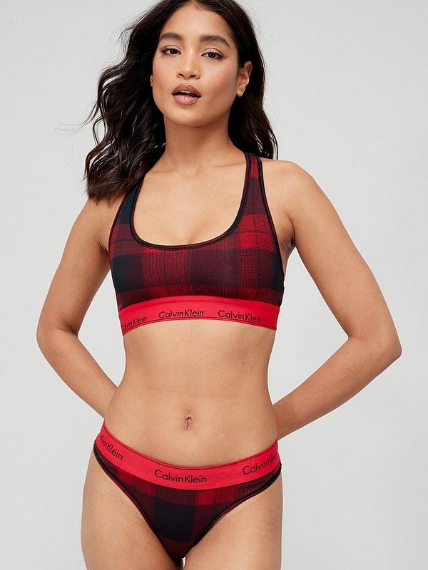 Calvin Klein Modern Cotton Unlined Bralette And Thong Gift Boxed Set - Red  Check 