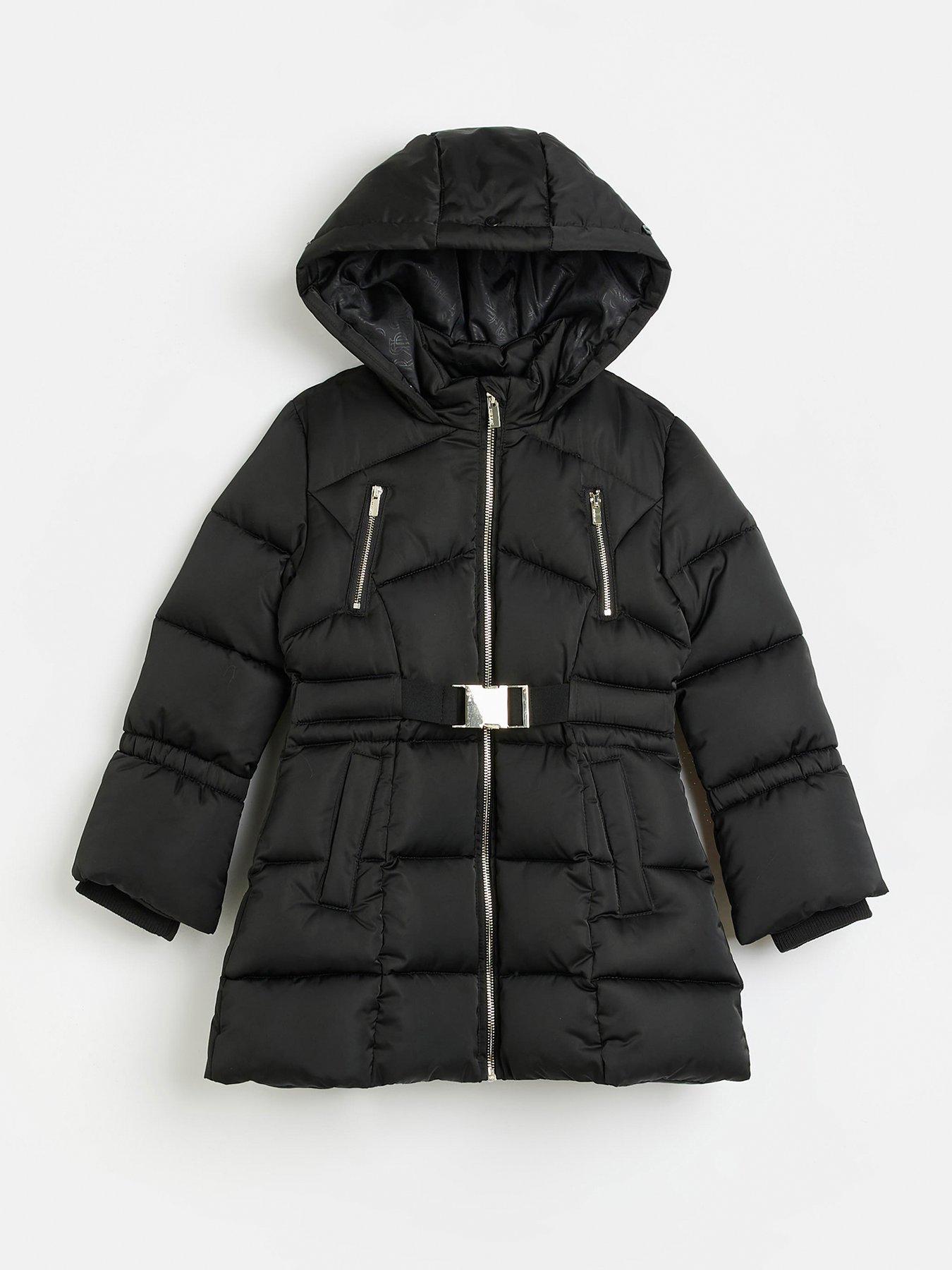 River Island Girls Hooded Faux Fur Trim Padded Coat - Black | very.co.uk