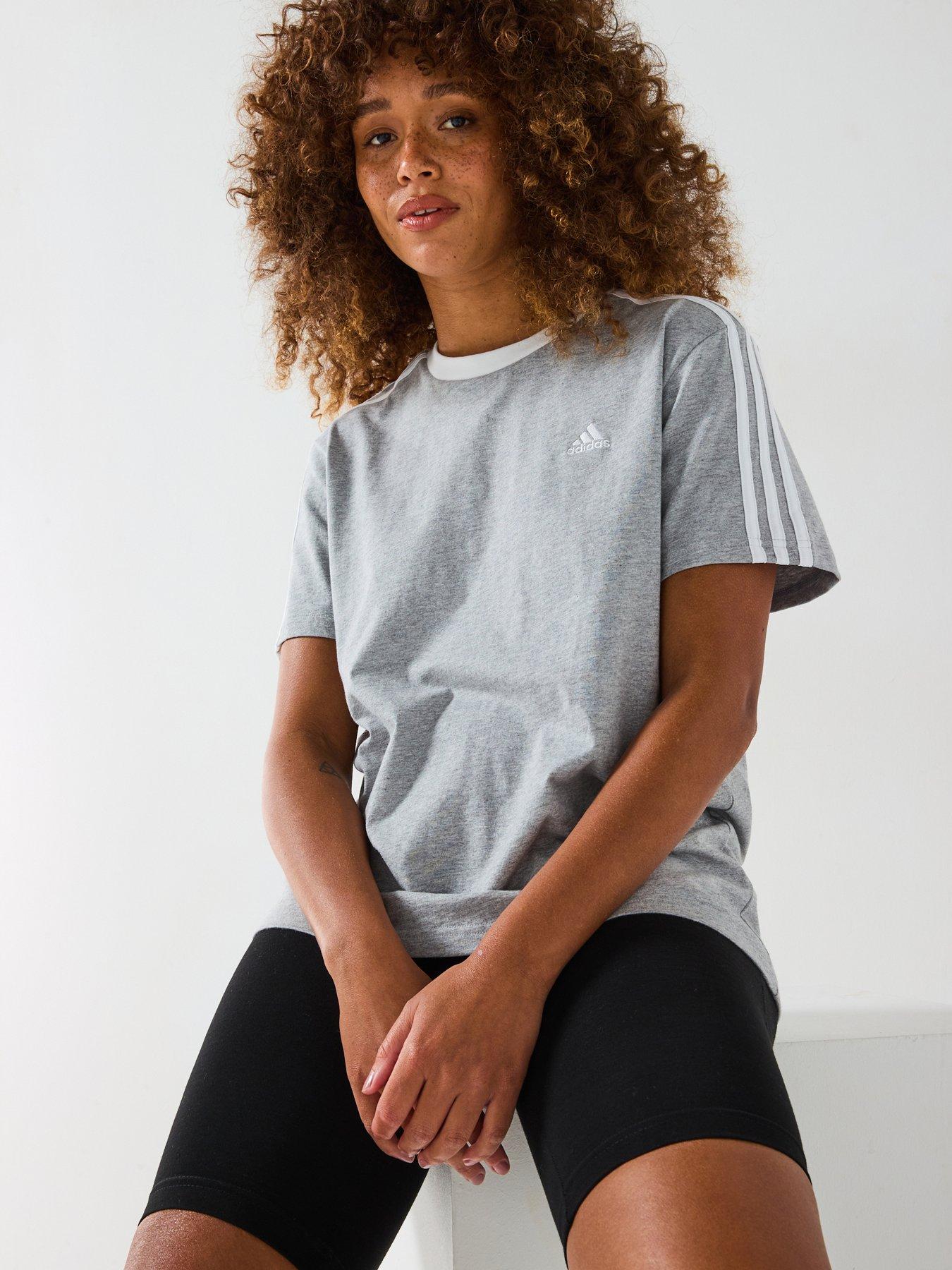 adidas Womens 3 Stripe Boyfriend T-Shirt - Grey